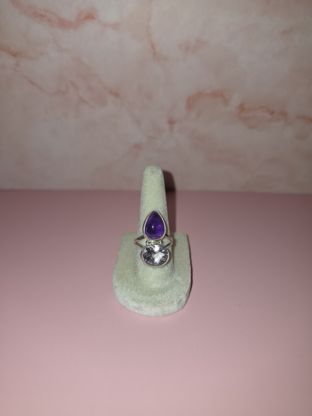 Sterling Silver Teardrop Amethyst and Clear Stone Ring - Purple Clear